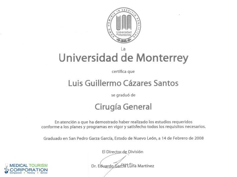 Dr. Luis Cazares - Certificate