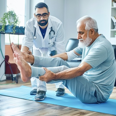 Doctor helping old man with physical therapy for post surgery recovery