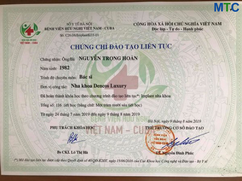 Hanoi dentist certificate