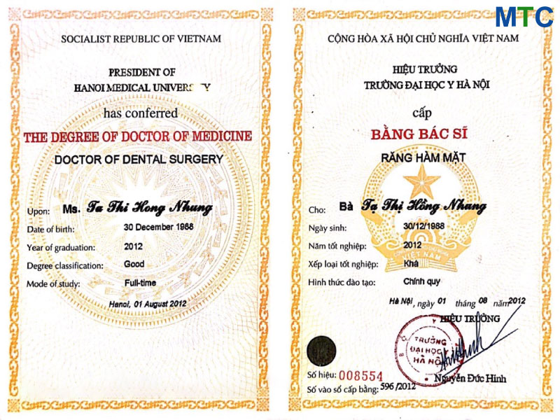 Hanoi dentist certificate