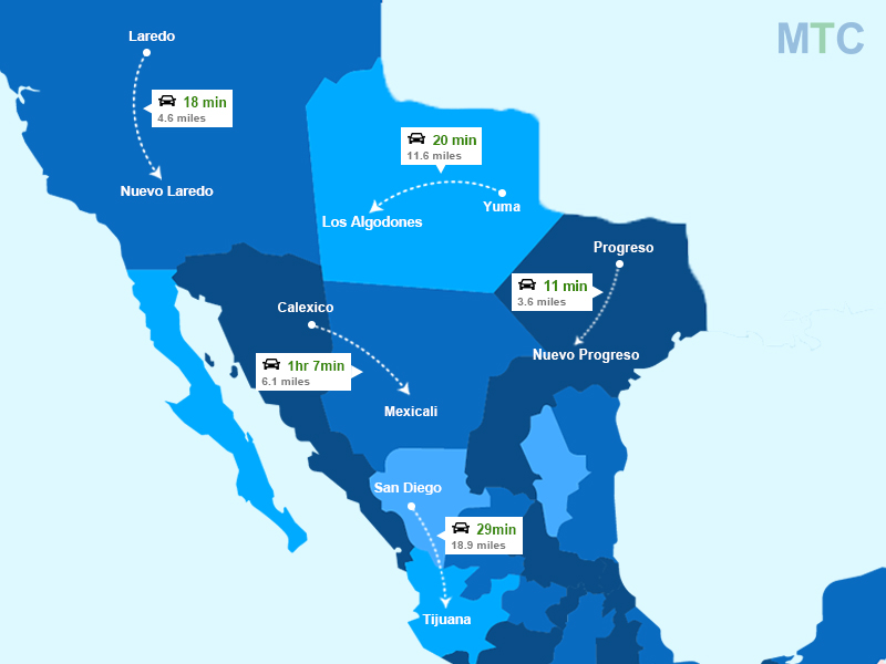 Map Infographic Showing proximity of Mexican border towns to nearby cities in the United States.