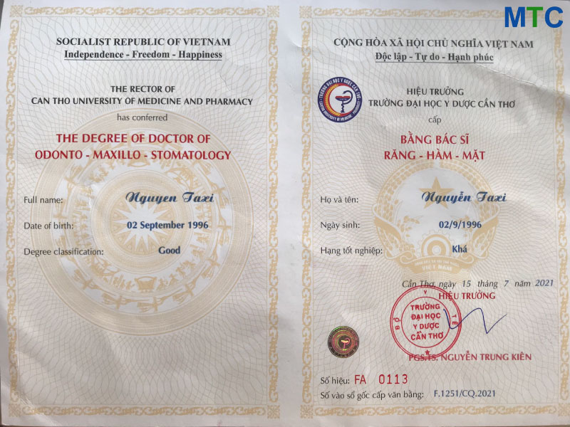 Ho Chi Minh City dentist certificate