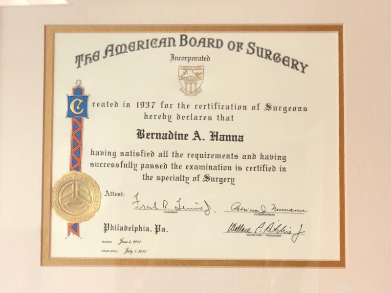 Dr. Bernie Hanna Certificate