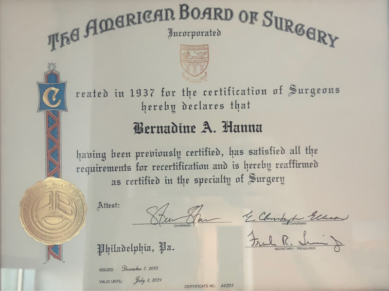 Dr. Bernie Hanna certificate