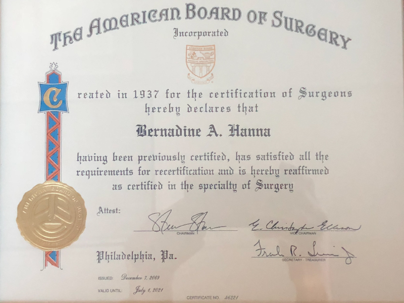 Dr. Bernie Hanna certificate