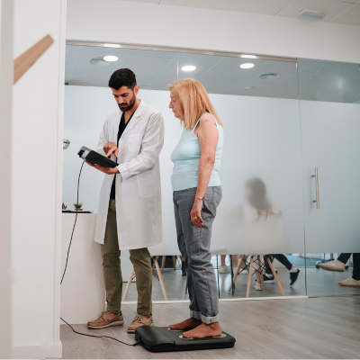 An image of a doctor and patient in a clinic. The patient is standing on a weighing scale and the doctor is checking the weight