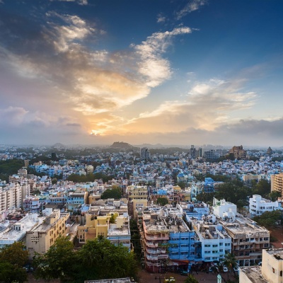 Overhead shot of Hyderabad's cityscape with a tropical atmosphere