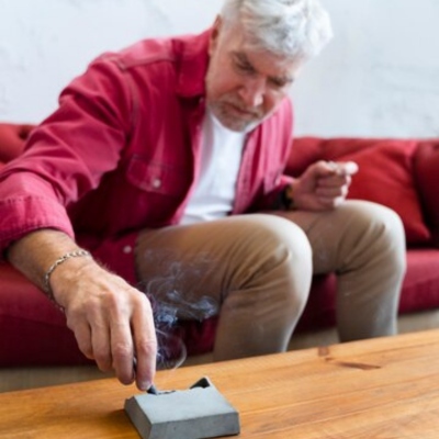 Individual closing a lit cigarette, preparing to discard it