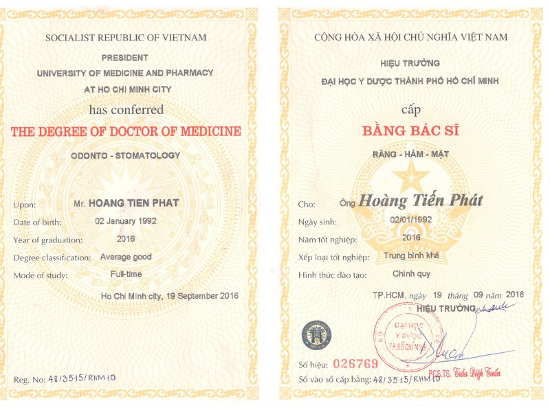 Dr. Hoang's certificate from University of Medicine and Pharmacy, HCMC