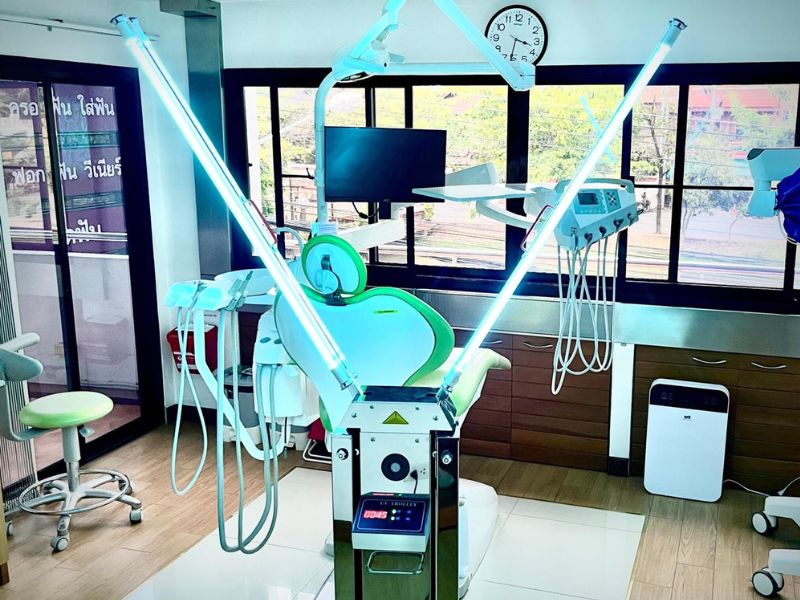 A UVGI (Ultraviolet Germicidal Irradiation) machine operating in a dental clinic room, designed to kill airborne germs and enhance hygiene