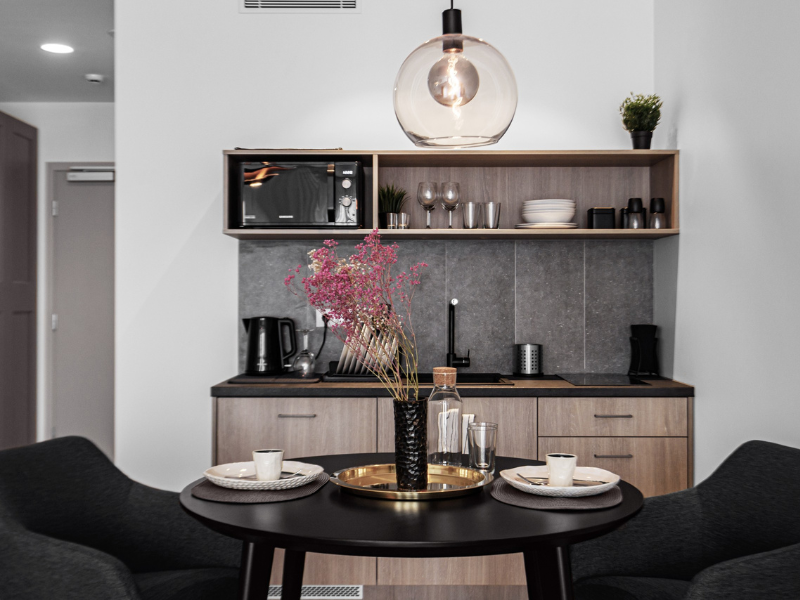 Elegant lounge area in a Lithuania recovery apartment with two black sofas, a table set with a white plate, and a cabinet in the background