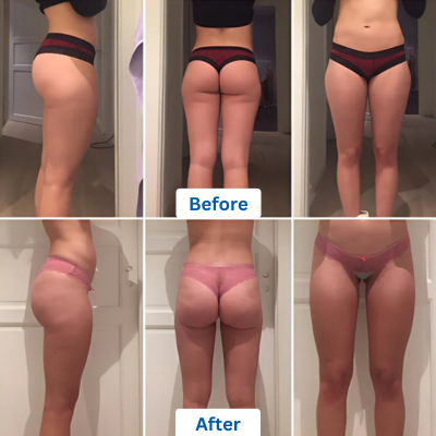 bottom half of woman showing the changes after a thigh liposuction surgery