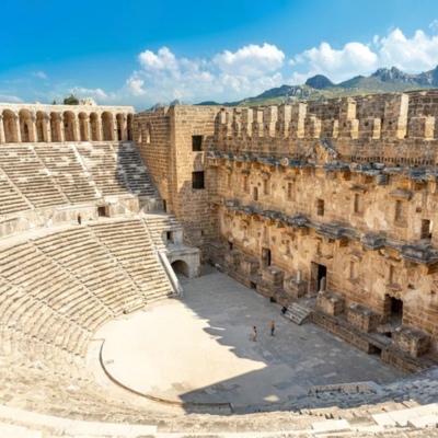 Aerial view of the ancient Aspendos amphitheater near Antalya city