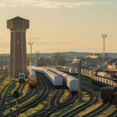 train station with three visible stationary train and a tower