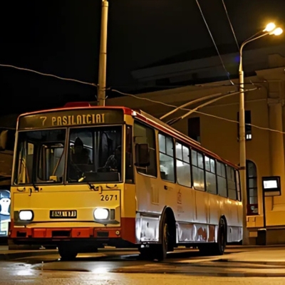 red and white bus at night