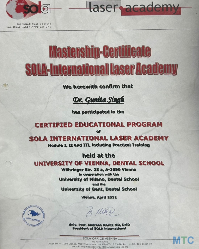 Dr Gunita, Certified in Lasers By University of Vienna