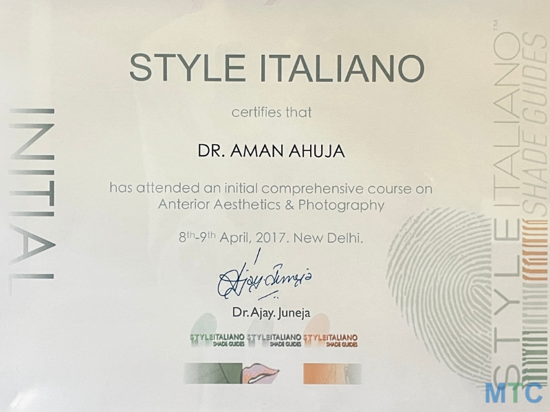 Dr Aman, Certified in Anterior Aesthetics & Photography